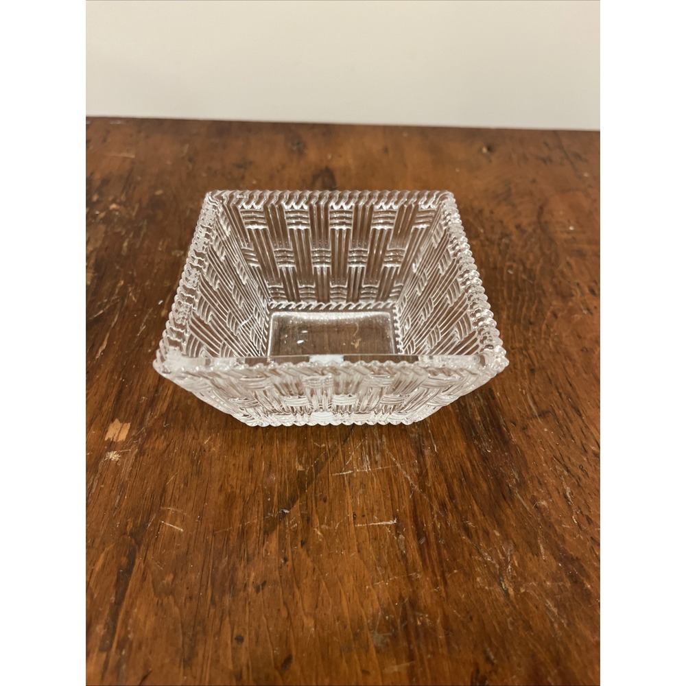 Tiffany & Co Glass Crystal Square Trinket Candy Dish 4" Basket Weave Design Mint